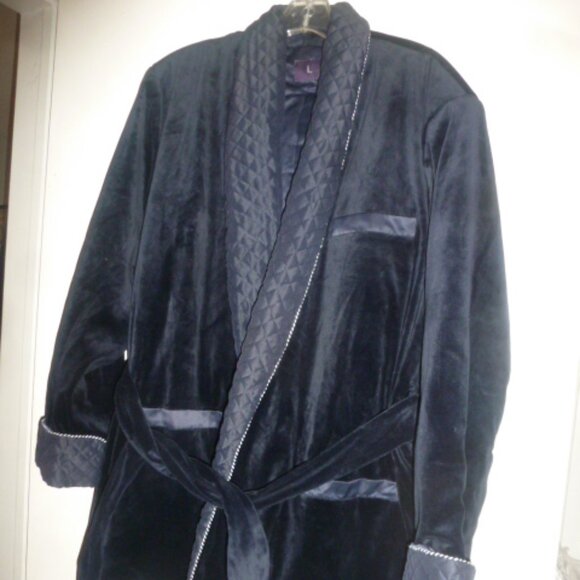 Men's Velvet Smoking Jacket / Quilted Robe-Style Dinner Coat – Navy Blue – Size - Picture 2 of 10